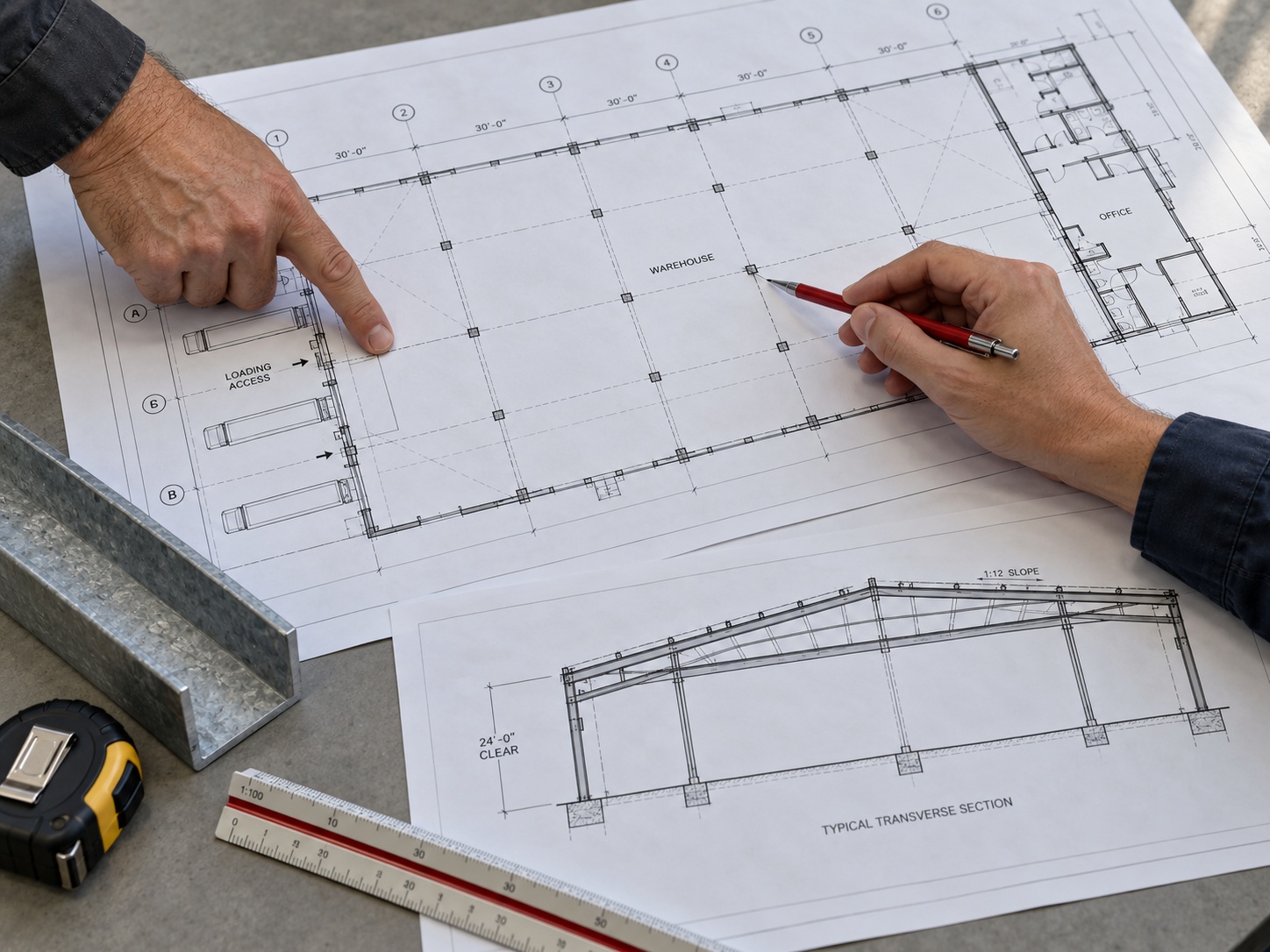 Hands reviewing industrial building plans during project coordination
