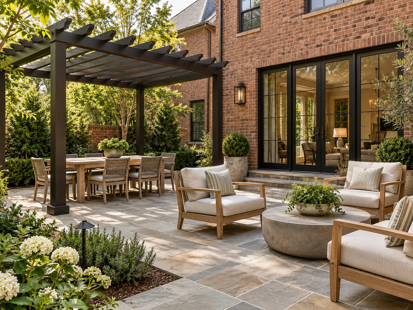 Covered outdoor living area with seating and a landscaped yard