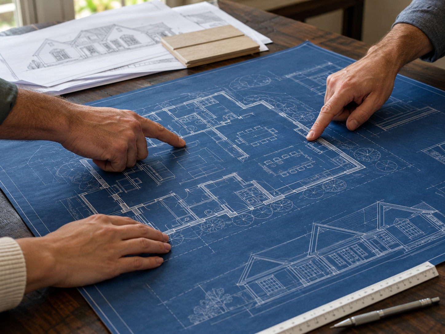 Hands pointing to residential blueprints during project planning